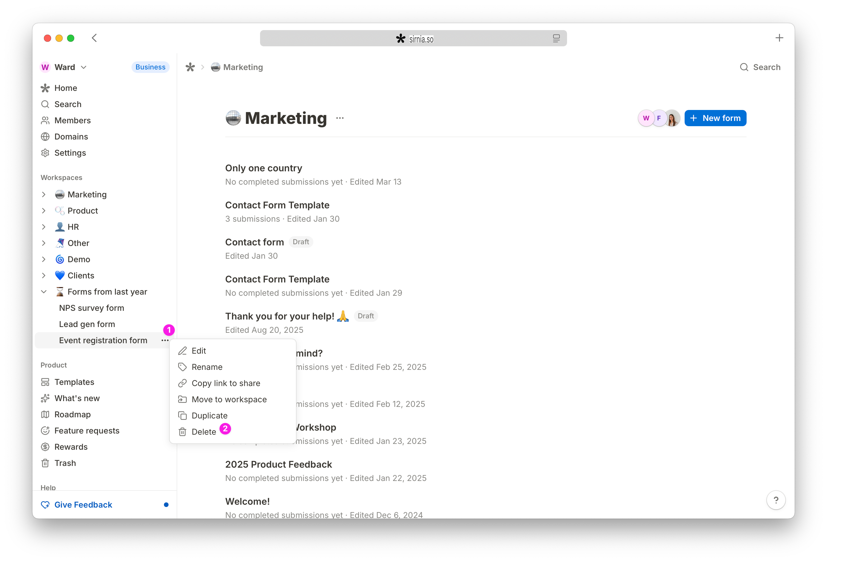 A view of a Sirnia workspace with a form highlighted in the left sidebar with a number 1 because the three dots next to the form are clicked and active. In the dropdown menu that are under those three dots the last item called Delete is highlighted with a number 2.