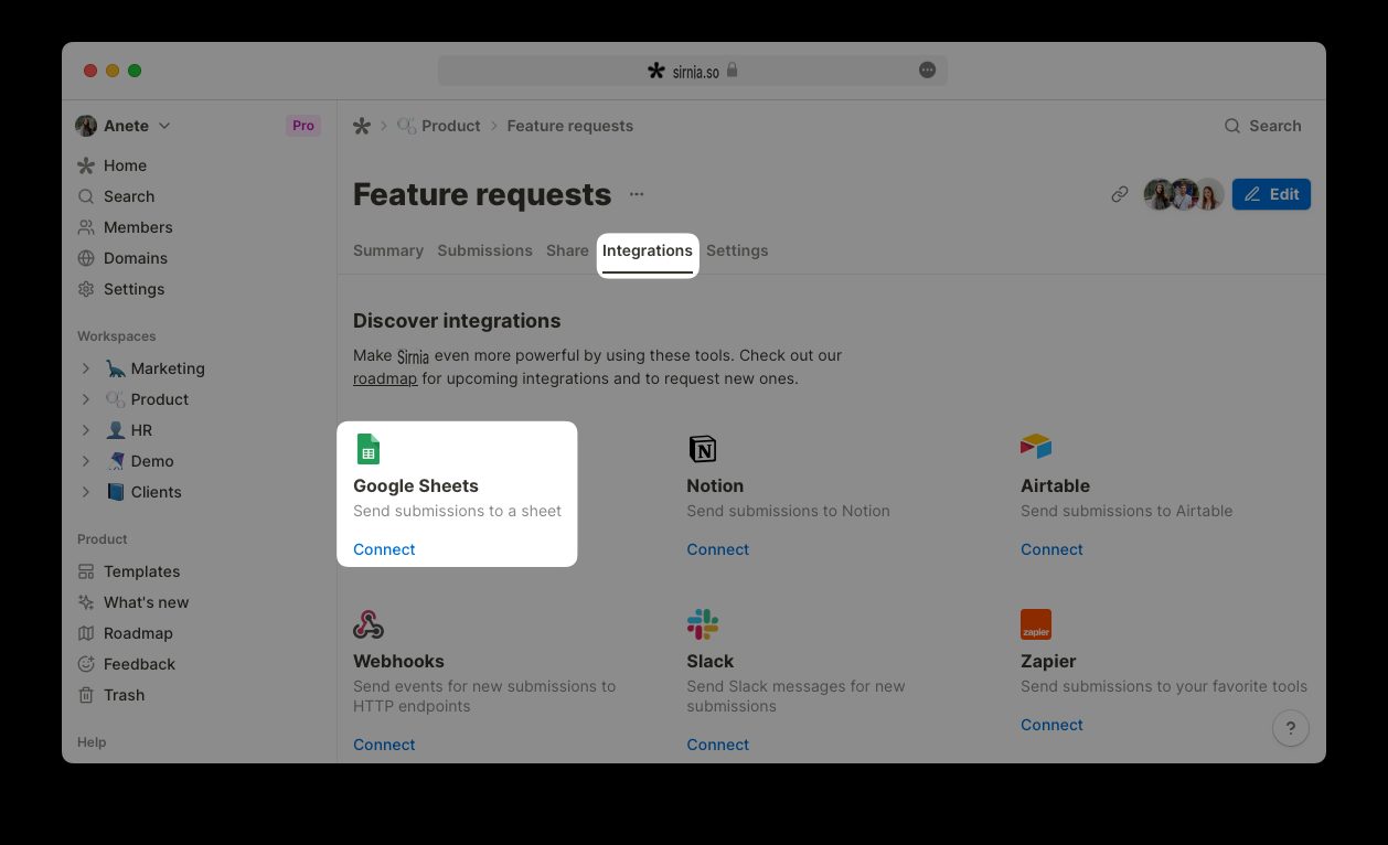 Connect Sirnia to Google Sheets